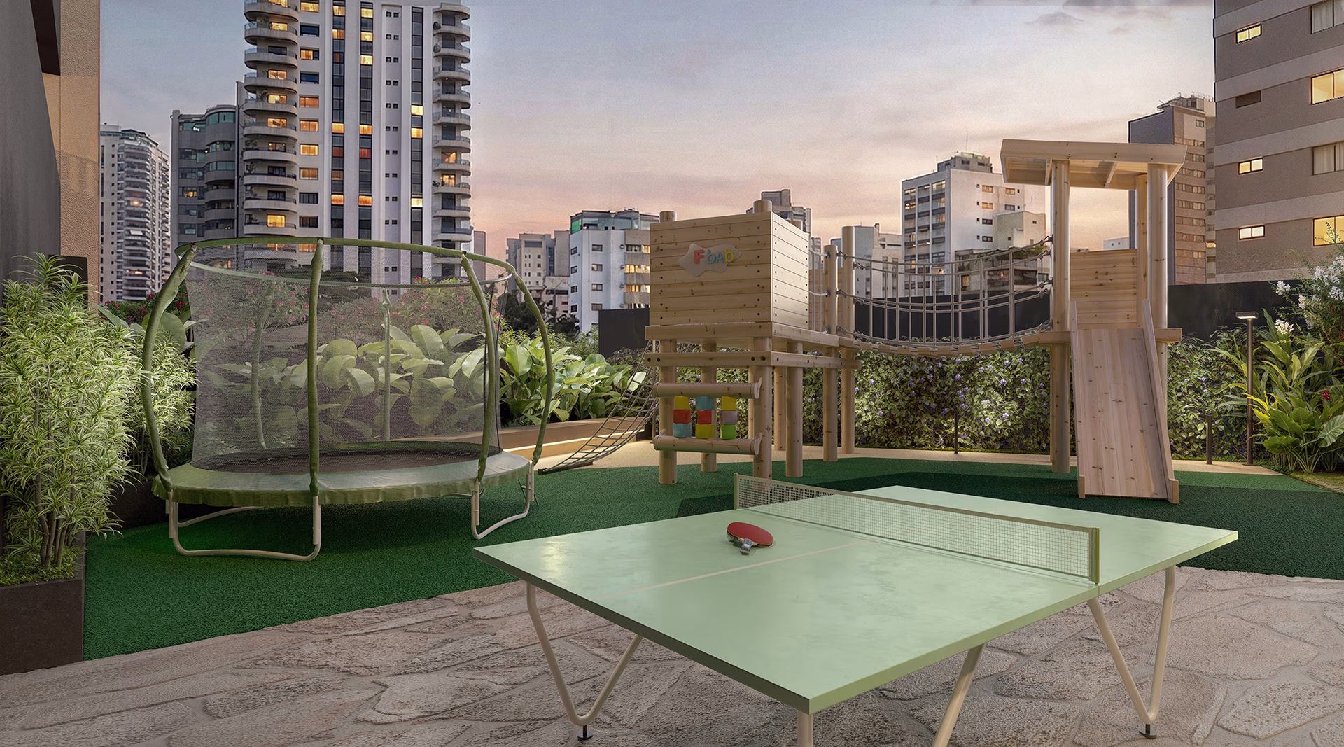 Terraço e área externa do Helbor Lens Moema em Moema, São Paulo