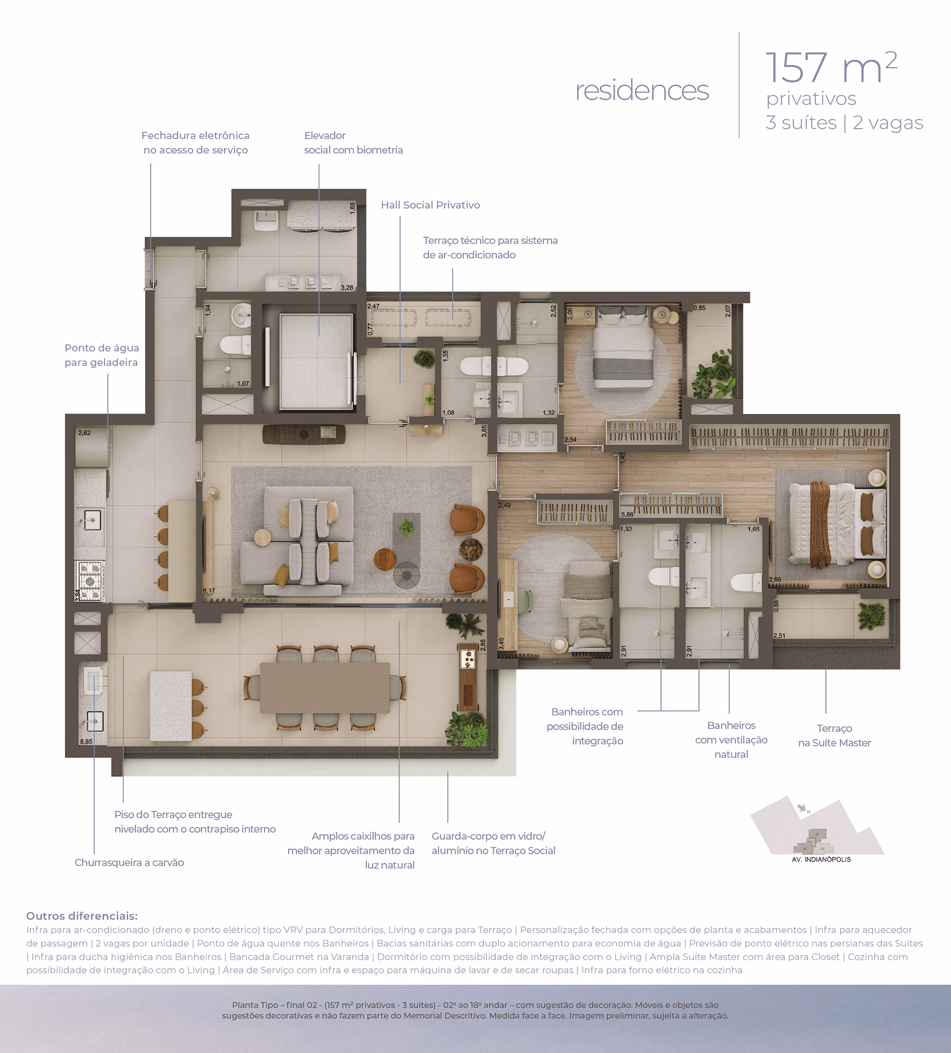 Planta baixa do Apartamento Tipo 157m² com 3 suítes do Helbor Lens Moema em Moema